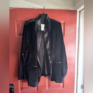 Lane Bryant Womens Blazer Jacket Black Button Pockets Satin Trim Collar 24 New